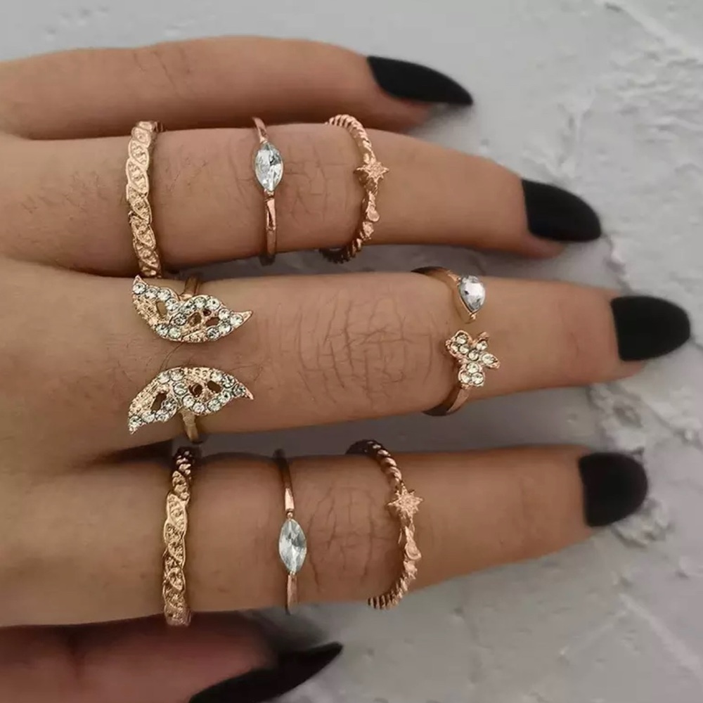 Rhinestone Gold Ring Set of 8 - Picture 1 of 5